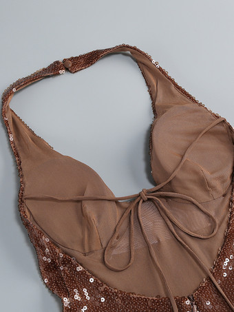 キラキラ輝くスパンコールのマキシ丈フォーマルドレス（女性用） - ブラウンのホルターネック、背中開き、ボディコン、スリムなロングガウン - 2026年夏のガラナイトアウトパーティー