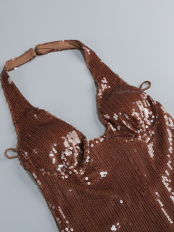 キラキラ輝くスパンコールのマキシ丈フォーマルドレス（女性用） - ブラウンのホルターネック、背中開き、ボディコン、スリムなロングガウン - 2026年夏のガラナイトアウトパーティー