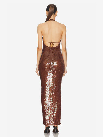 キラキラ輝くスパンコールのマキシ丈フォーマルドレス（女性用） - ブラウンのホルターネック、背中開き、ボディコン、スリムなロングガウン - 2026年夏のガラナイトアウトパーティー