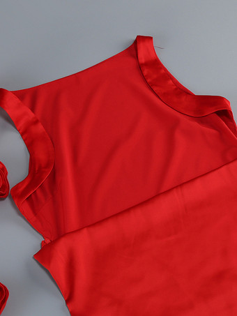 エレガントなロゼットマキシイブニングドレス（女性用） - 赤いサテンの背中開きボディコンロングガウン、3Dフラワー付き - 2026年夏のプロムパーティー