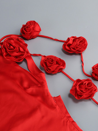 エレガントなロゼットマキシイブニングドレス（女性用） - 赤いサテンの背中開きボディコンロングガウン、3Dフラワー付き - 2026年夏のプロムパーティー