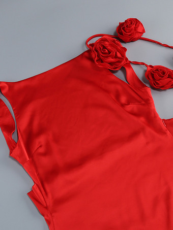 エレガントなロゼットマキシイブニングドレス（女性用） - 赤いサテンの背中開きボディコンロングガウン、3Dフラワー付き - 2026年夏のプロムパーティー