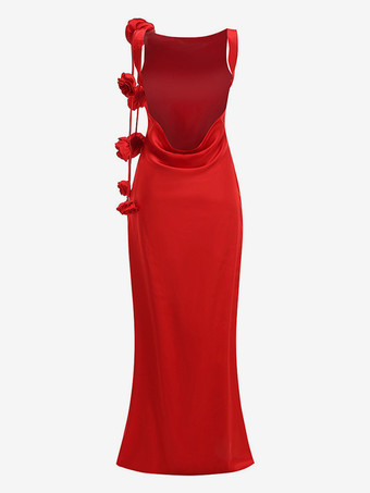 エレガントなロゼットマキシイブニングドレス（女性用） - 赤いサテンの背中開きボディコンロングガウン、3Dフラワー付き - 2026年夏のプロムパーティー