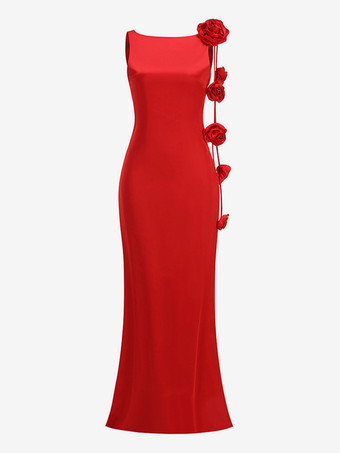 エレガントなロゼットマキシイブニングドレス（女性用） - 赤いサテンの背中開きボディコンロングガウン、3Dフラワー付き - 2026年夏のプロムパーティー