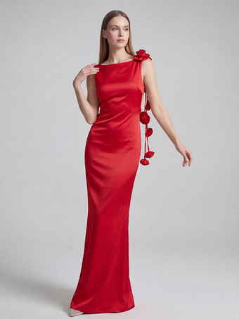 エレガントなロゼットマキシイブニングドレス（女性用） - 赤いサテンの背中開きボディコンロングガウン、3Dフラワー付き - 2026年夏のプロムパーティー