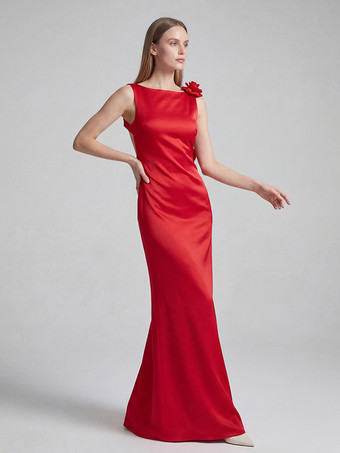 エレガントなロゼットマキシイブニングドレス（女性用） - 赤いサテンの背中開きボディコンロングガウン、3Dフラワー付き - 2026年夏のプロムパーティー