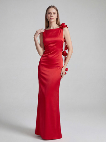 レッド エレガントなロゼットマキシイブニングドレス（女性用） - 赤いサテンの背中開きボディコンロングガウン、3Dフラワー付き - 2026年夏のプロムパーティー