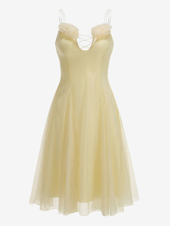 3D花柄Aラインシースルーミディドレス（女性用） - バターイエローフェアリーコアVネックスリップドレス - 夏のビーチデートナイト2026