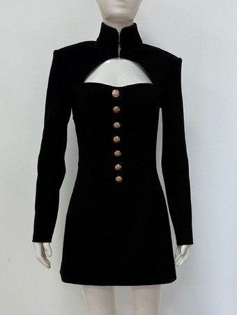 カットアウト長袖ミニドレス（女性用） - モックネックボタンディテールドレス - 春のデートナイトパーティー 2026