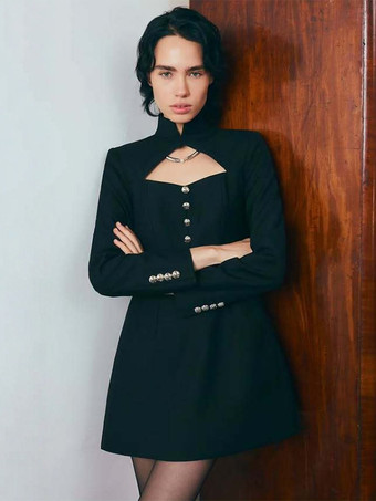 カットアウト長袖ミニドレス（女性用） - モックネックボタンディテールドレス - 春のデートナイトパーティー 2026