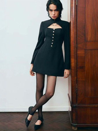 カットアウト長袖ミニドレス（女性用） - モックネックボタンディテールドレス - 春のデートナイトパーティー 2026