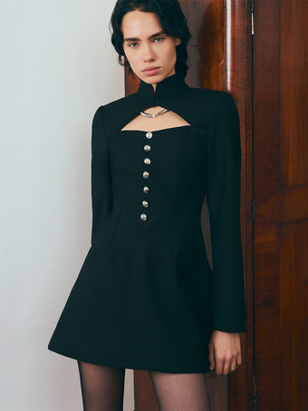 ブラック カットアウト長袖ミニドレス（女性用） - モックネックボタンディテールドレス - 春のデートナイトパーティー 2026