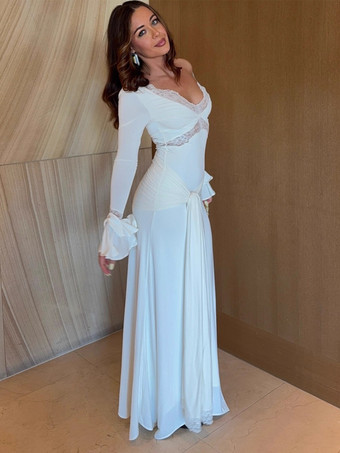 レーストリムVネックマキシドレス（レディース） - ホワイトボヘミアン長袖トランペットカフボディコンガウン - 2026年春ビーチブライダルパーティー