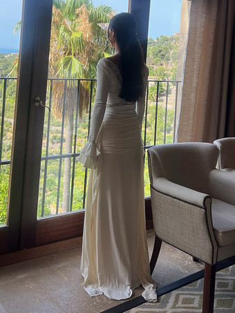 レーストリムVネックマキシドレス（レディース） - ホワイトボヘミアン長袖トランペットカフボディコンガウン - 2026年春ビーチブライダルパーティー