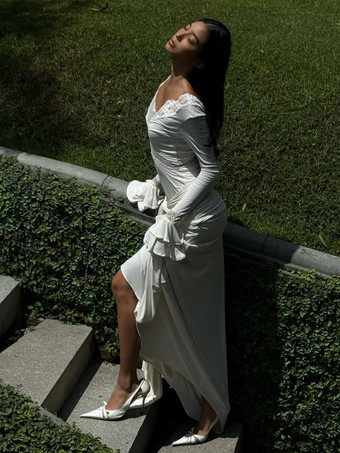 レーストリムVネックマキシドレス（レディース） - ホワイトボヘミアン長袖トランペットカフボディコンガウン - 2026年春ビーチブライダルパーティー