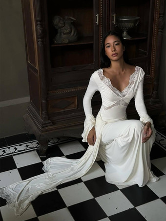 レーストリムVネックマキシドレス（レディース） - ホワイトボヘミアン長袖トランペットカフボディコンガウン - 2026年春ビーチブライダルパーティー