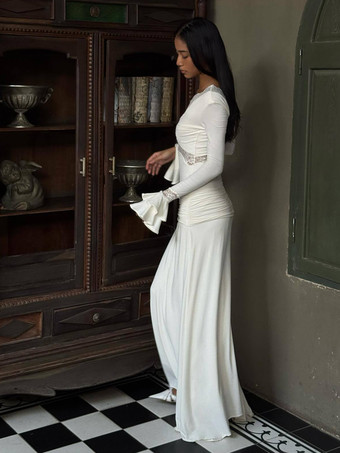 レーストリムVネックマキシドレス（レディース） - ホワイトボヘミアン長袖トランペットカフボディコンガウン - 2026年春ビーチブライダルパーティー