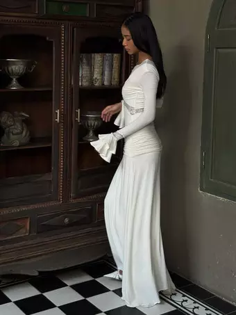 long sleeve white boho maxi dress graduation dresses with long sleeves Wedtrend Women Elegant White Graduation Dress with Lace A Line Long Sleeves Boho Maxi Dress WEDTREND-parroquiadesanalbertomagno.com