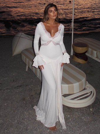 ホワイト レーストリムVネックマキシドレス（レディース） - ホワイトボヘミアン長袖トランペットカフボディコンガウン - 2026年春ビーチブライダルパーティー