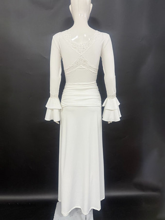 レーストリムVネックマキシドレス（レディース） - ホワイトボヘミアン長袖トランペットカフボディコンガウン - 2026年春ビーチブライダルパーティー