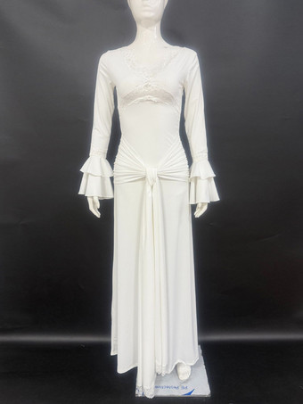 レーストリムVネックマキシドレス（レディース） - ホワイトボヘミアン長袖トランペットカフボディコンガウン - 2026年春ビーチブライダルパーティー