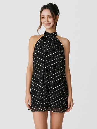 ブラックシルバーホルターネックバブルミニドレス（女性用） - エレガントなプリーツバックレスルーズフィットシフォンスケータードレス - 夏のビーチバケーション2026