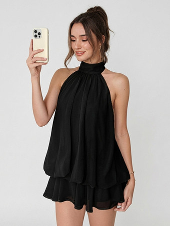 ブラック ホルターネックバブルミニドレス（女性用） - エレガントなプリーツバックレスルーズフィットシフォンスケータードレス - 夏のビーチバケーション2026