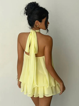 ホルターネックバブルミニドレス（女性用） - エレガントなプリーツバックレスルーズフィットシフォンスケータードレス - 夏のビーチバケーション2026