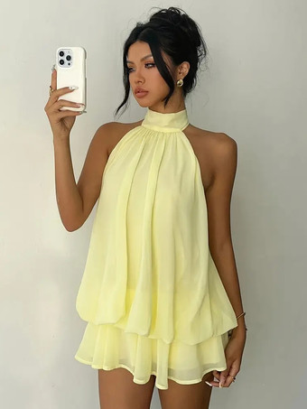 イエローホルターネックバブルミニドレス（女性用） - エレガントなプリーツバックレスルーズフィットシフォンスケータードレス - 夏のビーチバケーション2026