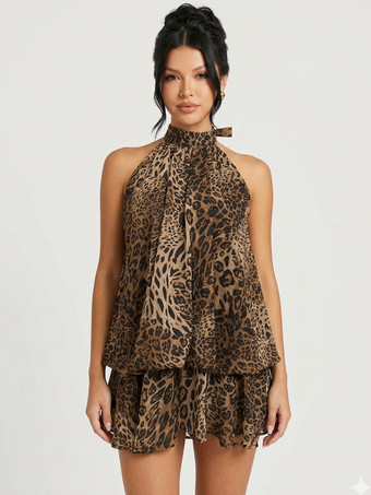 ヒョウ柄ホルターネックバブルミニドレス（女性用） - エレガントなプリーツバックレスルーズフィットシフォンスケータードレス - 夏のビーチバケーション2026