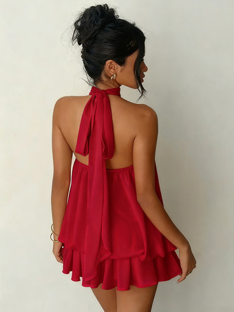 ホルターネックバブルミニドレス（女性用） - エレガントなプリーツバックレスルーズフィットシフォンスケータードレス - 夏のビーチバケーション2026