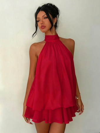 ホルターネックバブルミニドレス（女性用） - エレガントなプリーツバックレスルーズフィットシフォンスケータードレス - 夏のビーチバケーション2026