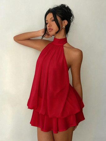 レッド ホルターネックバブルミニドレス（女性用） - エレガントなプリーツバックレスルーズフィットシフォンスケータードレス - 夏のビーチバケーション2026