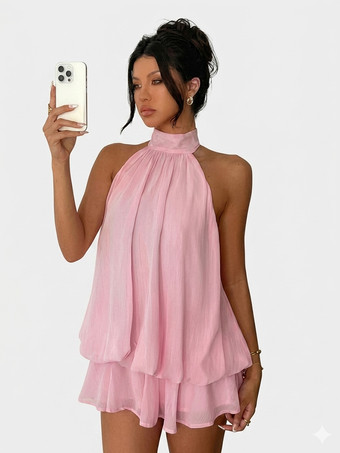 ピンクホルターネックバブルミニドレス（女性用） - エレガントなプリーツバックレスルーズフィットシフォンスケータードレス - 夏のビーチバケーション2026