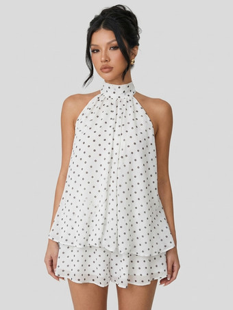 ホワイト ホルターネックバブルミニドレス（女性用） - エレガントなプリーツバックレスルーズフィットシフォンスケータードレス - 夏のビーチバケーション2026