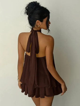 ホルターネックバブルミニドレス（女性用） - エレガントなプリーツバックレスルーズフィットシフォンスケータードレス - 夏のビーチバケーション2026