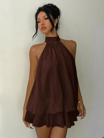 ホルターネックバブルミニドレス（女性用） - エレガントなプリーツバックレスルーズフィットシフォンスケータードレス - 夏のビーチバケーション2026