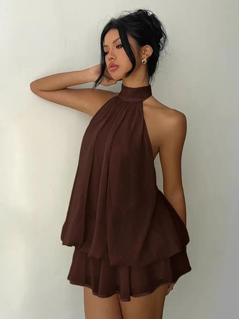 ディープブラウンホルターネックバブルミニドレス（女性用） - エレガントなプリーツバックレスルーズフィットシフォンスケータードレス - 夏のビーチバケーション2026