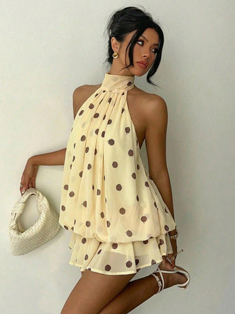 ベージュホルターネックバブルミニドレス（女性用） - エレガントなプリーツバックレスルーズフィットシフォンスケータードレス - 夏のビーチバケーション2026