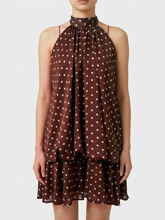 ブラウンホルターネックバブルミニドレス（女性用） - エレガントなプリーツバックレスルーズフィットシフォンスケータードレス - 夏のビーチバケーション2026