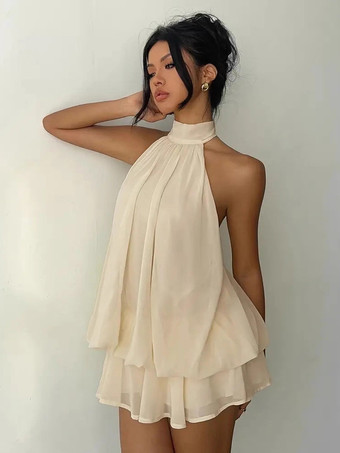 ホルターネックバブルミニドレス（女性用） - エレガントなプリーツバックレスルーズフィットシフォンスケータードレス - 夏のビーチバケーション2026