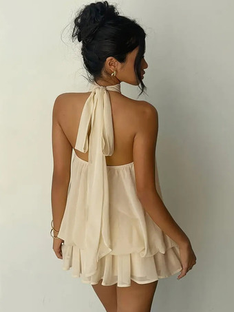 ホルターネックバブルミニドレス（女性用） - エレガントなプリーツバックレスルーズフィットシフォンスケータードレス - 夏のビーチバケーション2026