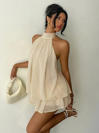 アプリコットホルターネックバブルミニドレス（女性用） - エレガントなプリーツバックレスルーズフィットシフォンスケータードレス - 夏のビーチバケーション2026
