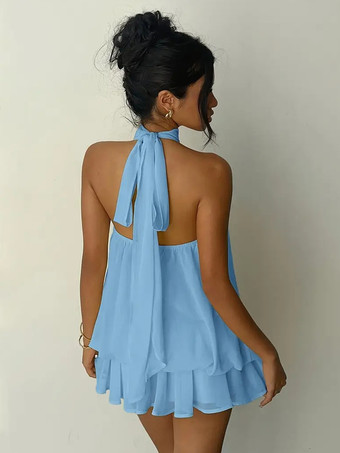 ホルターネックバブルミニドレス（女性用） - エレガントなプリーツバックレスルーズフィットシフォンスケータードレス - 夏のビーチバケーション2026