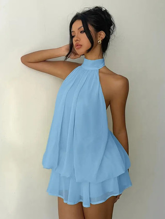 ライトスカイブルーホルターネックバブルミニドレス（女性用） - エレガントなプリーツバックレスルーズフィットシフォンスケータードレス - 夏のビーチバケーション2026
