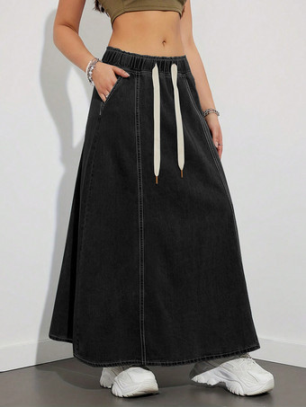 ドローストリングウエストデニムマキシスカート（レディース） - ポケット付きカジュアルAラインフレアロングスカート - 2026年春夏ホリデー