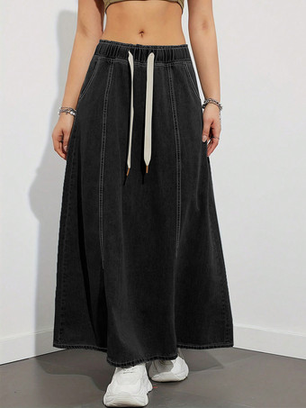 ドローストリングウエストデニムマキシスカート（レディース） - ポケット付きカジュアルAラインフレアロングスカート - 2026年春夏ホリデー