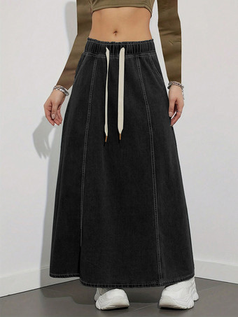 ドローストリングウエストデニムマキシスカート（レディース） - ポケット付きカジュアルAラインフレアロングスカート - 2026年春夏ホリデー