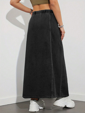 ドローストリングウエストデニムマキシスカート（レディース） - ポケット付きカジュアルAラインフレアロングスカート - 2026年春夏ホリデー