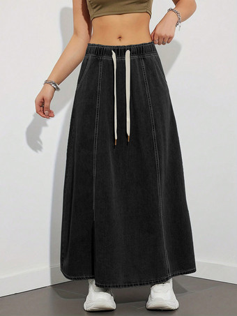 ブラック ドローストリングウエストデニムマキシスカート（レディース） - ポケット付きカジュアルAラインフレアロングスカート - 2026年春夏ホリデー